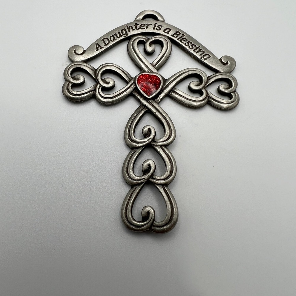 A Daughter is a Blessing Cross Pendant Ornament Pewter Tone Red Sparkle Heart